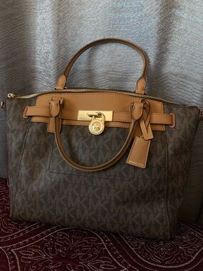 Michael Kors Brown MK Logo Tote with Tan Leather Trim